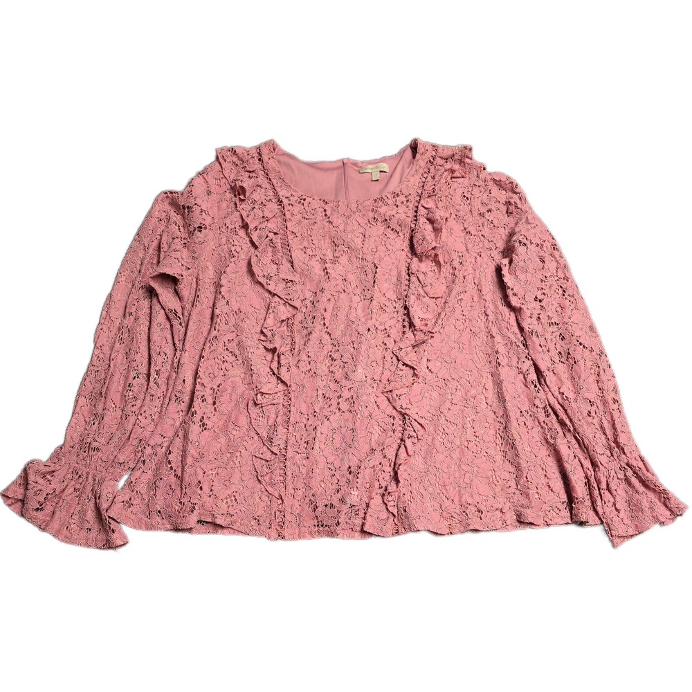 Wonderly Curvy‎ Floral Lace Ruffle Blouse Women's Size 3X Dusty Pink Bell Sleeve